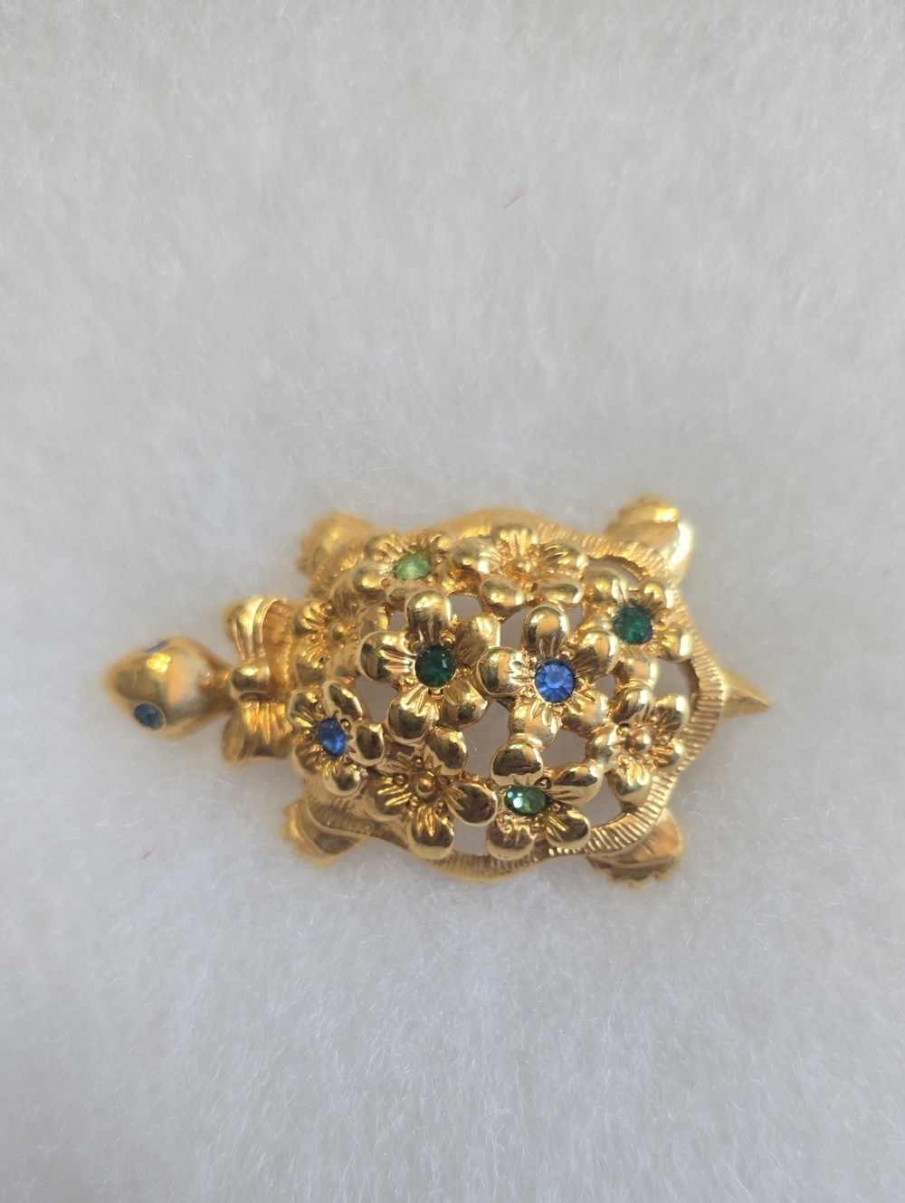 Gold-Tone Floral Turtle Brooch with Blue & Green Accents